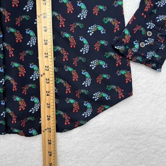 Loft Peacock Print Ruffle Neck Blouse Button Up Long Sleeve Navy Blue Size M - Picture 11 of 12